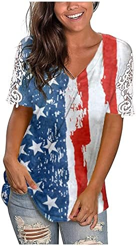 Върховете на Деня на Независимостта 2023, Дамски Дантелени Ризи С Принтом на Американското, Ежедневни Тениски
