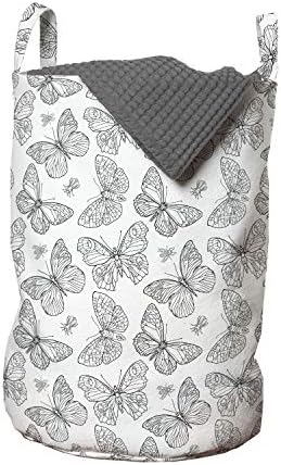 Чанта за дрехи Ambesonne Animals, ръчно рисувани на ръка във формата на Скица с Повтарящи пеперуди и Мухи, Кошница за дрехи с дръжки, закрывающаяся на шнур, за пране, 13 x 19, Сив