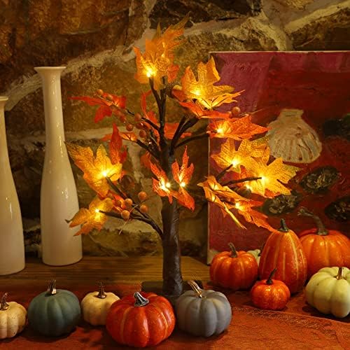 Есенни Декорации за маса Joliyoou, 18-Инчов Светлинен Кленовое дърво с Желудевыми Тиква, 24 светодиода, Централната Украса на масата в Деня на Благодарността на Батерии с