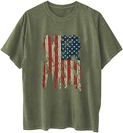 На 4 юли, Ризи за Жени, Свободни Ежедневни Тениски Оверсайз с Принтом на Американското знаме, С кръгло деколте