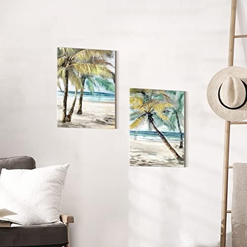 Картина върху платно с тропически плаж: Модерен Комплект от 2 теми, Стенно изкуство с Палми, Океанская Вълна,