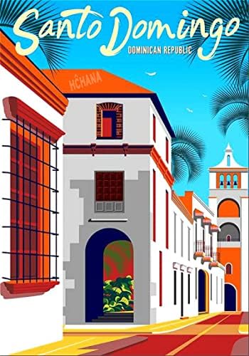 Ретро Твърд Плакат на Стария Градски Пейзаж в Санто Доминго, Доминиканска Република Карибско Море Пътна Метална