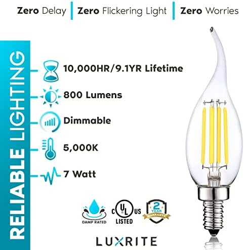 Led лампи Luxrite Candelabra мощност 100 W, 800 Лумена, 5000 До ярко-бели на цвят, 7 W, лампи за полилеи с регулируема яркост CA11, Изчислени на влажността, Прозрачен кристал, Форма на въ?
