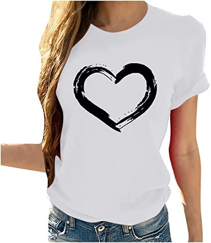 Дрехи с Къс Ръкав Памучен Кръгла Горловина Сърце Love Graphic Lounge Блуза, Тениска за Жени Есенно Лятна Риза