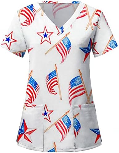 На 4 юли, Тениски за жени с Флага на САЩ, Лятна Тениска с Къс ръкав и V-образно деколте и 2 джобове, Блуза, Топ, Празнична Ежедневни работни Дрехи