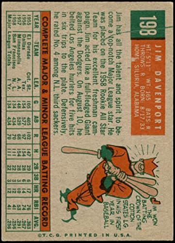 1959 Topps 198 Джим Дейвънпорт Сан Франциско Джайентс (Бейзболна картичка) EX+ Джайентс