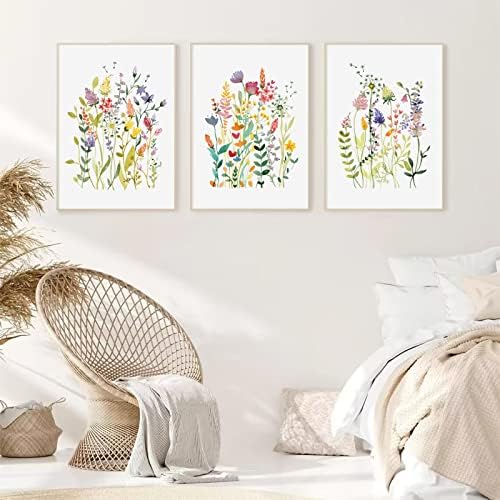 Пъстри Диви Цветя Стенен Арт Комплект от 3 Ботанически Стенни Рисунки Акварел Цвете Платно Стенен Арт Флорални