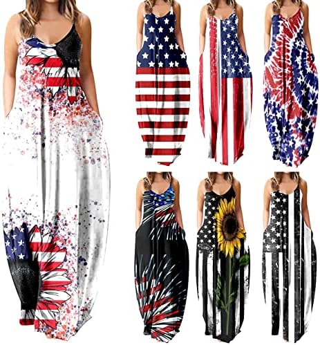 На 4 юли, Макси-рокли за жени, Ежедневна Лятна Рокля в стил Бохо, Флаг на САЩ, С Кръгло деколте, В Бретелях,
