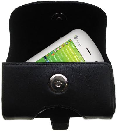 Корпоративна Хоризонтален черен кожен калъф за носене на HTC Artemis марка Gomadic с вградена линия за колан