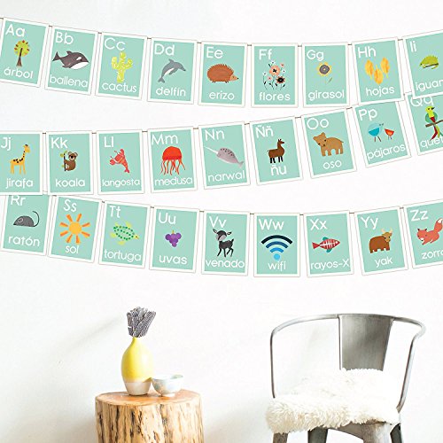 Картички с испански Азбука 5x7 на стената, Синя Природа, Рисунки по стените за деца, Интериор на детската, Интериор