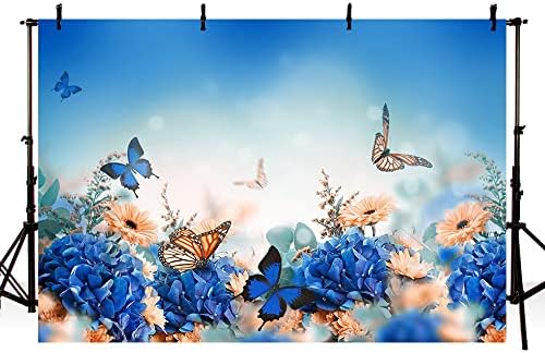 MEHOFOND Пеперуда Рожден Ден Снимка на Фона на Пролетно Пеперуда за Декорация за Душата на детето Банер Сини и Оранжеви Цветя Пеперуда Рожден Ден Фон За Снимки Подпори