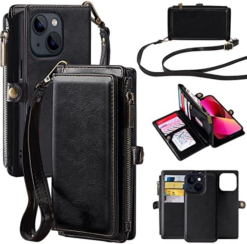 MInCYB е Съвместим с калъф-портфейл iPhone 14 Pro, калъф с цип джоб с отделения за карти с RFID заключване за