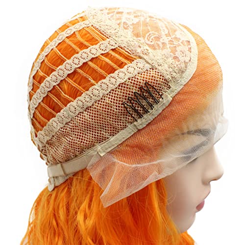 Пикия Дълга къдрава оранжева натурален синтетични перука на дантели, навързани ръчно наполовина