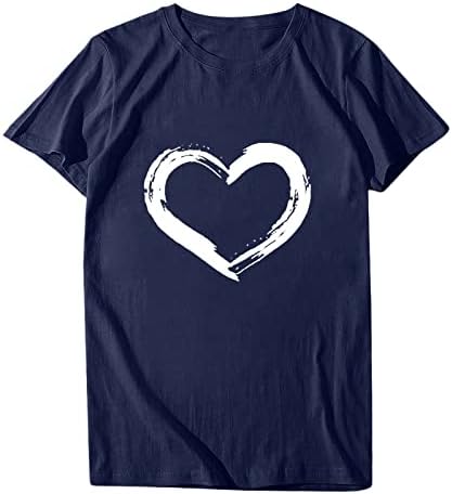 Дрехи с Къс Ръкав Памучен Кръгла Горловина Сърце Love Graphic Lounge Блуза, Тениска за Жени Есенно Лятна Риза