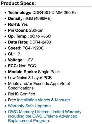 OWC 4GB PC19200 DDR4 2400MHz Памет SO-DIMM, съвместима с Mac Mini (края на 2018 г.), 27 и 21,5iMac (средата на 2017 г.) и съвместими КОМПЮТРИ (OWC2400DDR4S4GB)