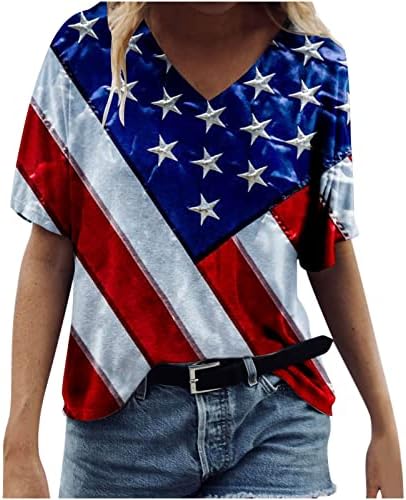 Тениски с Флага на САЩ за Жени, Върховете на Деня на Независимостта, Летни Ризи с Къс Ръкав и V-Образно Деколте,